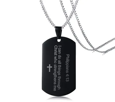 Philippians 4:13 Cross Necklace Bible Verse Scripture Military Dog Tag Pendant • $11.99