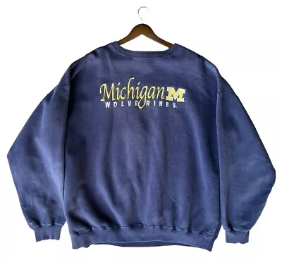 Vintage Michigan Wolverines Sweatshirt Mens XXL Blue Stitched Spellout Logo READ • $19.99