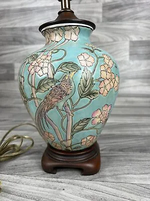 Vintage Chinese Porcelain Table Lamp Hand Painted Pheasants On Blue Tone Vase • $85.69