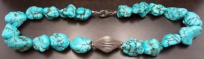 Gorgeous & Very Unusual Vintage Natural Turquoise & Sterling Silver Necklace • $349.99