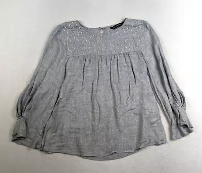 $14.39 • Buy Zara Basic - Women's Gray Boho Peasant Top - Pearl Beads - Size M