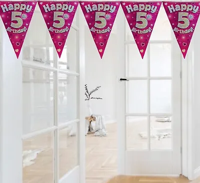 5th Birthday Sparkly Pink + Silver  Flag Bunting Banner . 5th Party Decorations • £3.99