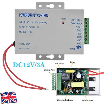 AC110-240V To DC12V 3A 30W Power Supply For Door Entry Access Control System • £13.99