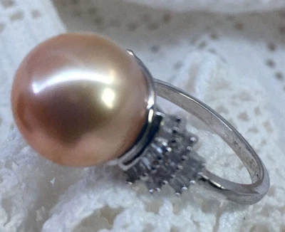£168 • Buy Pearl & Diamond Ring Stunning South Sea Golden 13mm Pearl & Diamond Ring Size M