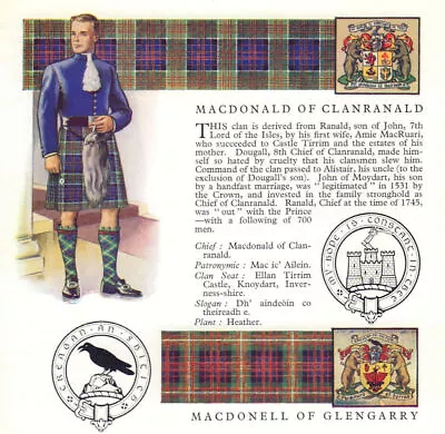 MacDonald Clanranald MacDonell Glengarry. Scottish Clans Tartans Arms Badge 1963 • $8.70