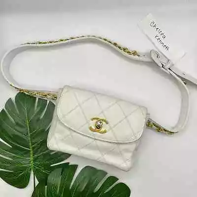 Chanel Vintage 90's Waist Belt Bag Fanny Pack Pouch 24kt Gold White Lambskin • $1695