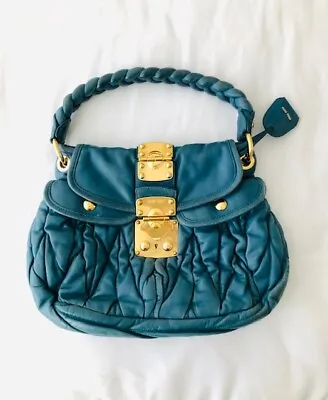 Miu Miu Matelasse Lux Nappa Leather Coffer Hobo Bag - Teal Green • $899.95