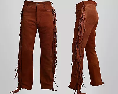 Men's Western Cowboy Brown Leather Suede Native American Buckskin Fringed Pants • $134.99