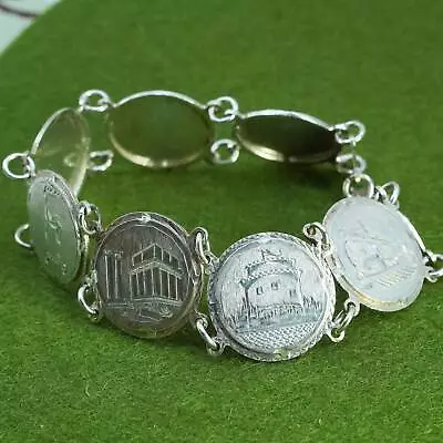 7.75” Vintage Sterling 925 Silver Bracelet With Circle Disc Engraved Landmarks • $79.20