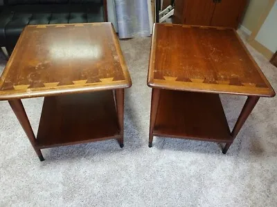 Pair Vintage Lane Acclaim Mid-Century Modern Dovetail Inlaid 2-Tier End Tables • $449