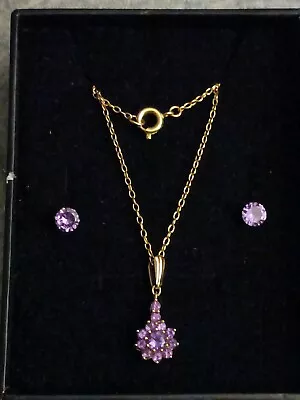 9ct Yellow Gold Necklace .375  Pendant And Amethyst Earring Fully Hallmarked • £80