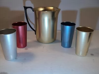 Vintage MCM Aluminum Anodized Multi Color Pitcher And 4 Tumblers • $40