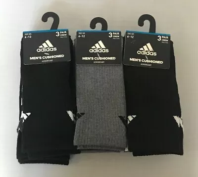 Adidas  Men's Cushioned Aeroready  Socks Size 6-12 3 Pair Crew Black Grey Or Mix • $15.99