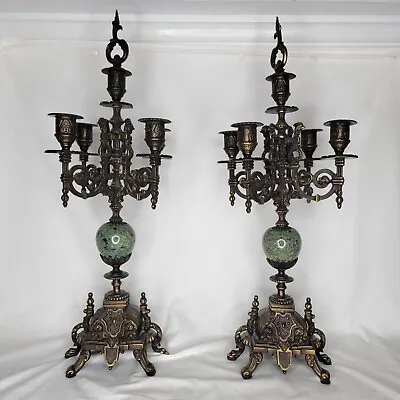 Vintage Hollywood Regency Brass Candelabra Pair Green Marble Italy • $765