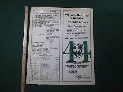 1952 Wabash Railroad - Montpelier Division  ETT 44 Employee Timetable   84 • $13.99