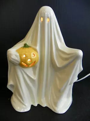 Vintage Dated 1988 Ceramic Ghost W/ Pumpkin LightS Up Halloween Jack-O-Lantern • $49.99