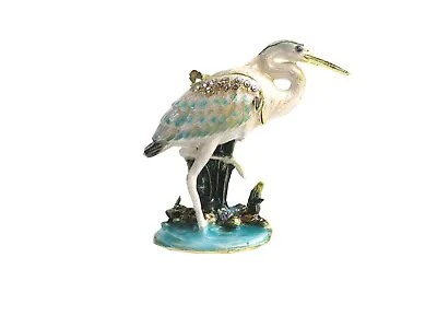 Bejeweled   White Heron Bird   Hinged Metal Enameled Rhinestone Trinket Box • $20.99