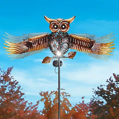 Solar Owl Flapping Wing Garden Stake Metal Owl Outdoor Lighted Yard Art Decor • $34.98