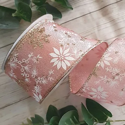 Wired Blush Pink & Rose Gold Sparkle Poinsettia Christmas Ribbon Lurex Flower • £2.39