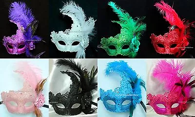 Venetian Brocade Lace Ostrich Feather Masquerade Ball Costume Wedding Party Mask • $21.55