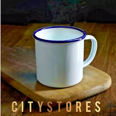 8cm 9cm Rustic White Enamel Mug Cup With Handle Drinking Water Drinks • £8.45