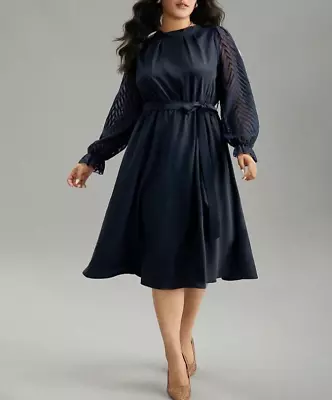 Bloomchic 18 20 2X Twill Geo Mesh Patchwork Belted Pleated Detail Navy Dress • $32