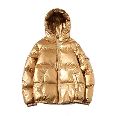 Mens Winter Shiny Quilted Padded Jacket Hooded Cotton Coat Warm Bubble Outerwear • $45.66