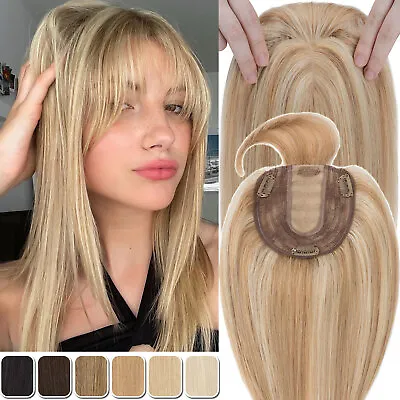 Clip In Hairpiece 100% Real Remy Human Hair Topper Toupee Top Wig Silk Highlight • $55.45