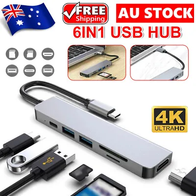 $21.95 • Buy USB Hub Type-C Adapter Multi 3.0 4K HDMI Ethernet 6 In 1 For MacBook & Windows