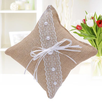 Wedding Ring Pillow Wedding Ring Cushion Burlap Jute Ring Bearer Pillow (J23-A) • £10.52