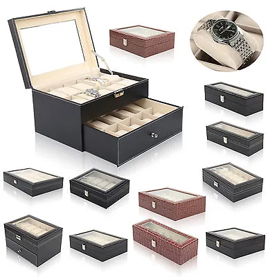 6-24 Grid Slots Watch Box Leather Display Glass Top Jewelry Storage Case • £12.19