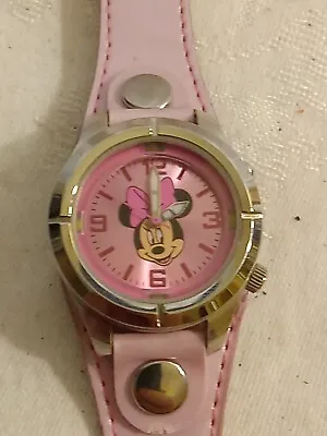 Disney Minnie Mouse Watch Women Silver Tone Pink Leather Band New Battery • $25
