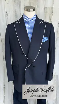 Bespoke Joseph Scafidi Mens Suit Jacket Blazer Size 44L Seersucker Blue White • $149
