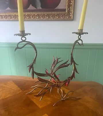 Pair Of Rare Rooster Form Metal Candlesticks Red • $220