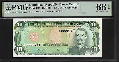 Dominican Republic 10 Pesos Oro 1985-88 PMG 66 EPQ P#119c PMG Population 5/1 • $37