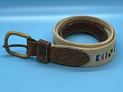 NAUTICAL 'REEF RIDERS' BROWN CANVAS Needlepoint FLAGS MEN'S BELT SZ 32 Preowned • $24.99