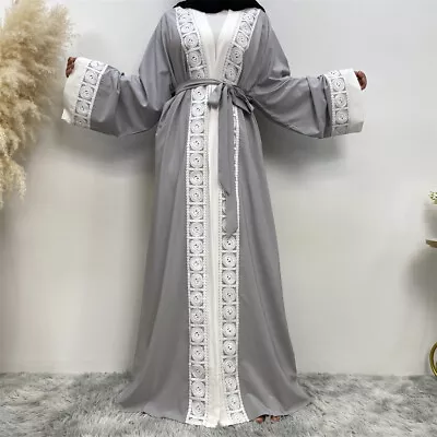 Plus Size Women's Fashion Patchwork Lace Muslim Robe Abaya Dubai Islamic • £29.99