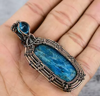 Neon Blue Apatite Gemstone Pure Copper Wire Wrap Handmade Pendant Jewelry Gift • $16.82