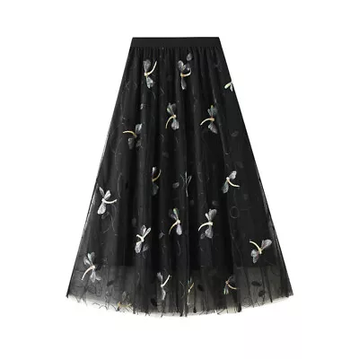 Dragonfly Mesh Skirt For Women Summer High-waisted Long Skirt 3D Embroidered • £19.09