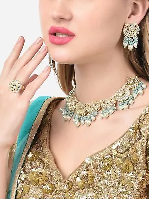 Indian Bollywood Turquoise Blue Kundan Pearl Choker Necklace Wedding Jewelry Set • $21.57