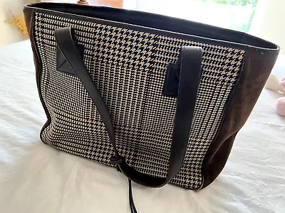 RALPH LAUREN Tan Brown Houndstooth & Leather Handbag Tote 11x17 • $45