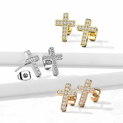 Cross CZ Paved Gems 316L Stainless Steel Post Stud Pair Earrings  • $19.99