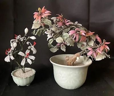 Vintage Chinese Jade Bonsai Tree Quartz Stone Glass Tabletop Decorative Set Of 2 • $34.95