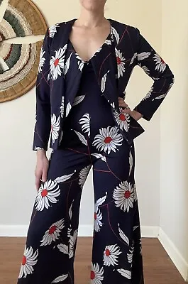 Vintage 70s Sundays Child Navy Floral Jumpsuit Disco Woman's S/M • $80