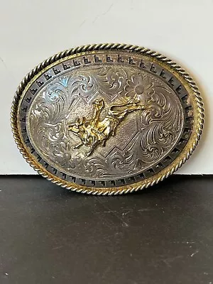 Montana Silversmiths Cowboy On  Bucking Bull Belt Buckle Silver Plate • $29