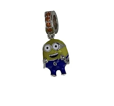 Sterling Silver 925 Dangle Enamel CZ Stone Joyful Kawaii Minion Character Charm • $32.68