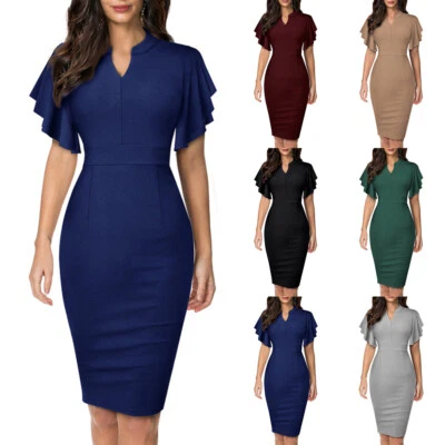 $29.49 • Buy Womens V-Neck Ruffled Bodycon Midi Dress Ladies Party Cocktail Pencil Dress US