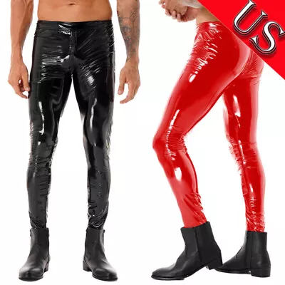 US Men's Rock Steampunk Wet Look PU Leather Pants Slim Fit Straight Clubwear • $18.60