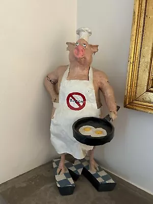 17  Tall X 9  Wide Papier-Mache Pig Chef Frying Pan Eggs No Bacon Sculpture • £114.01