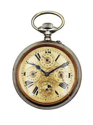 Swiss Moonphase & Calendar Silver Open Face Pocket Watch W/ Brown Leather • $3051